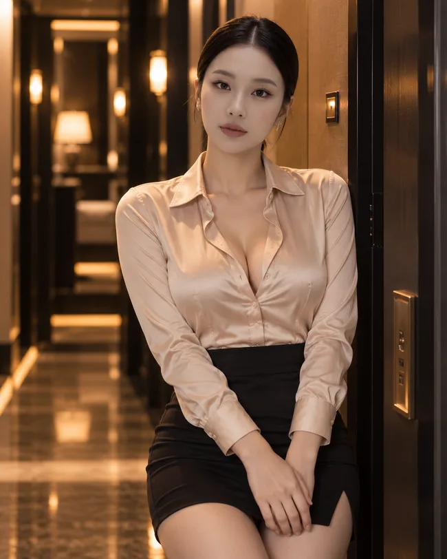 라운지에서 촬영한 성인 모델의 샴페인 의상 화보